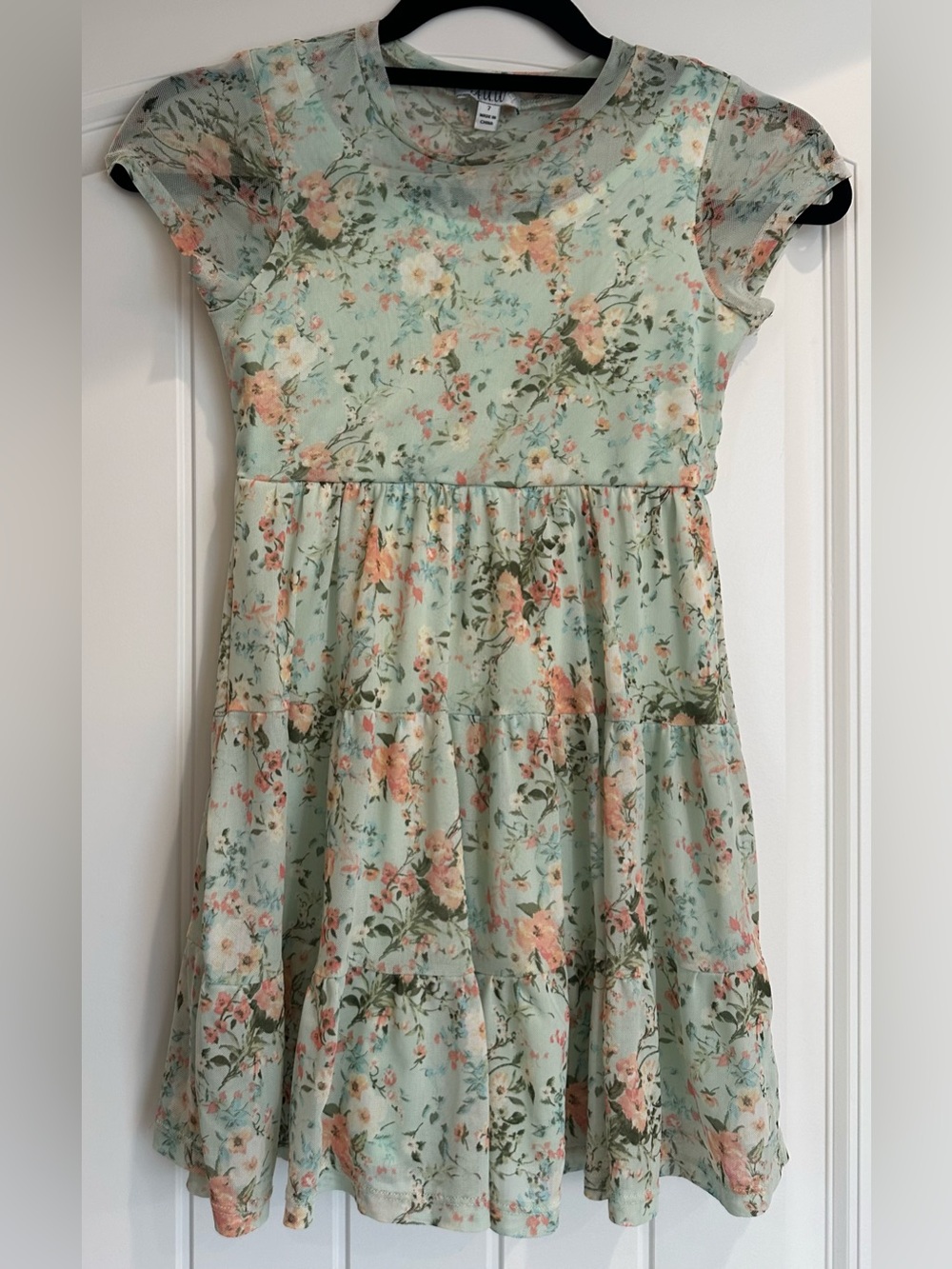 A.U.W Girls Size 7 Mint Green Floral Ribbed Tiered Dress, Casual, Wedding, Play